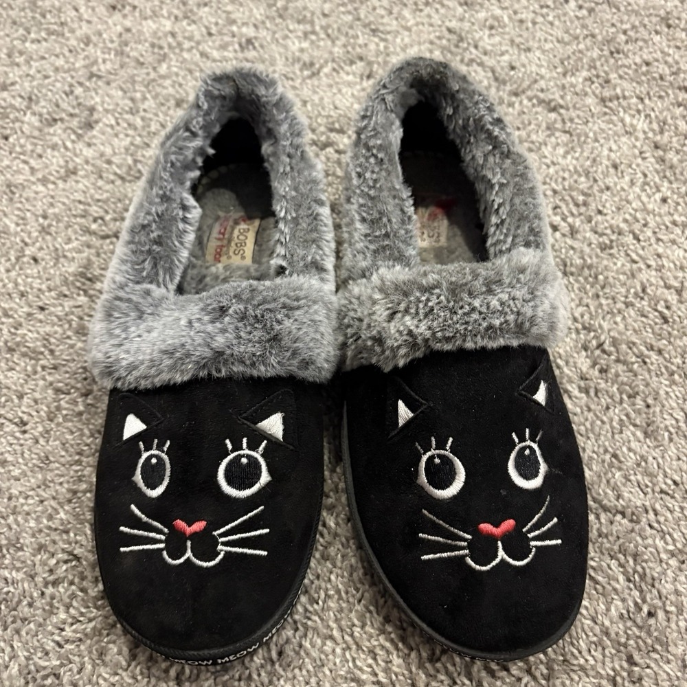Skechers Bobs Meow Too Cozy Black Cat Pajama Slippers Womens 8 Black Slip On